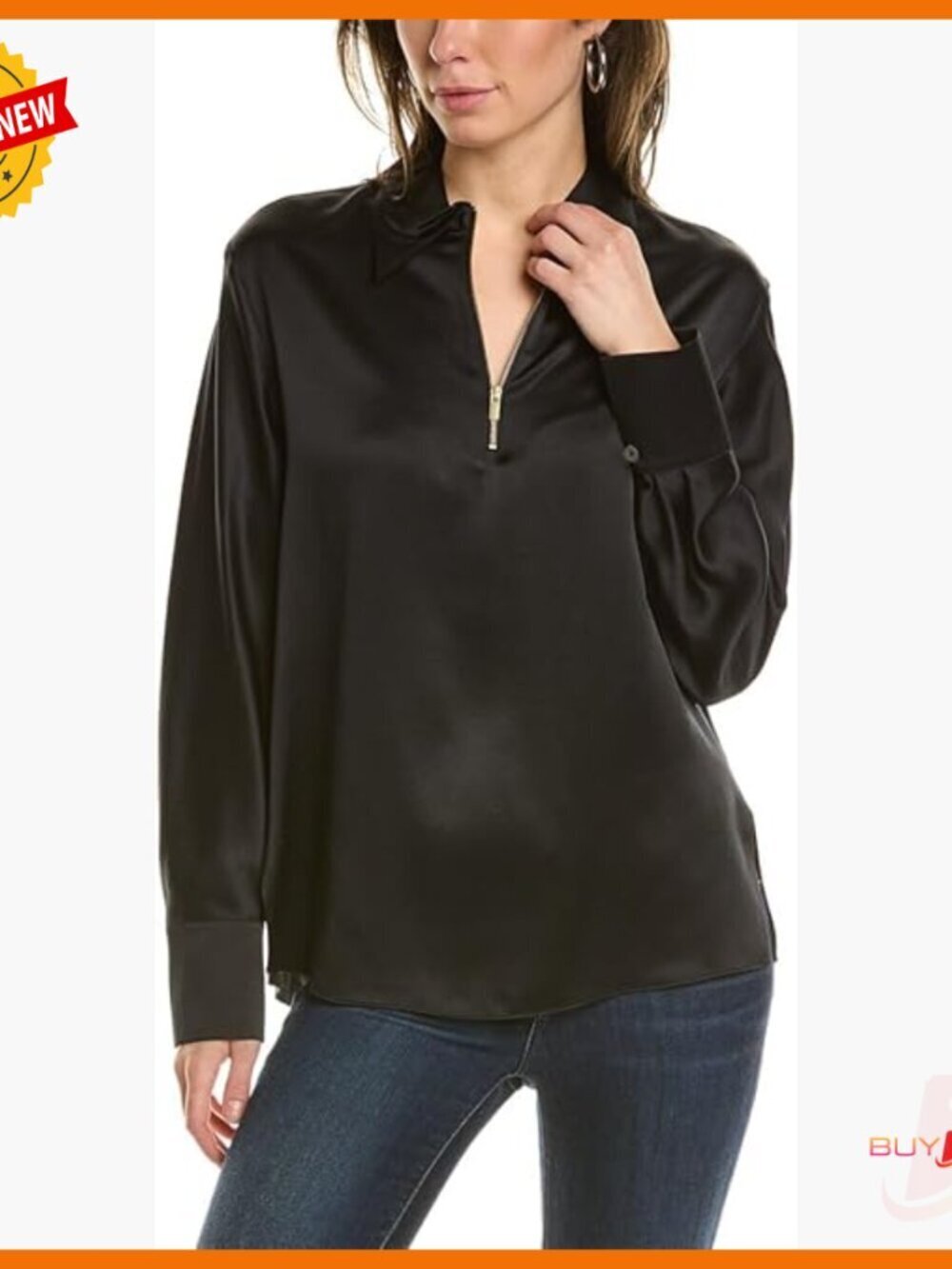 Silk Blouse 3/4 Sleeve Zipper Neck Classic Fit Long Length